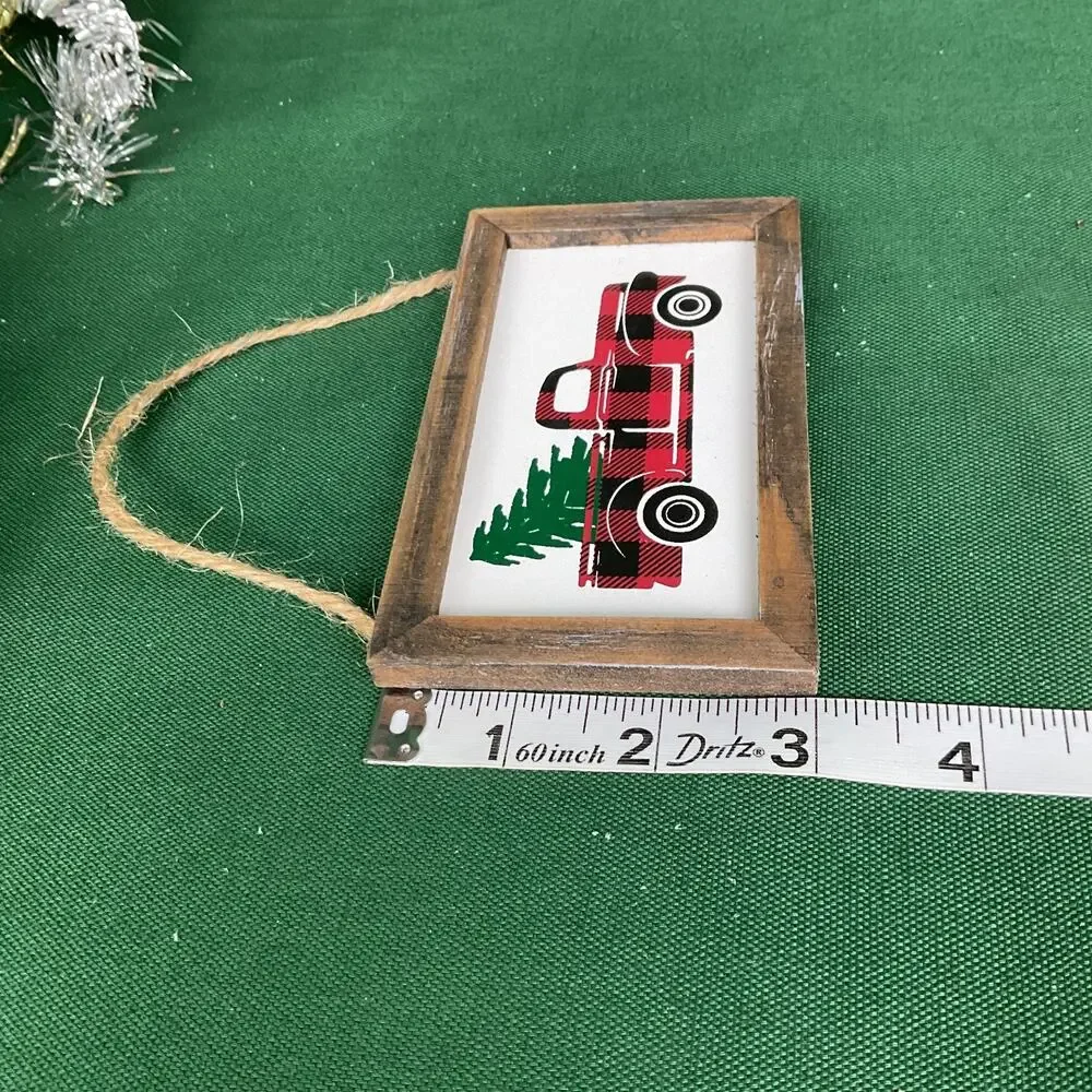 Framed Buffalo Plaid Red Truck Christmas Sign Ornament | Rustic Wooden Holiday